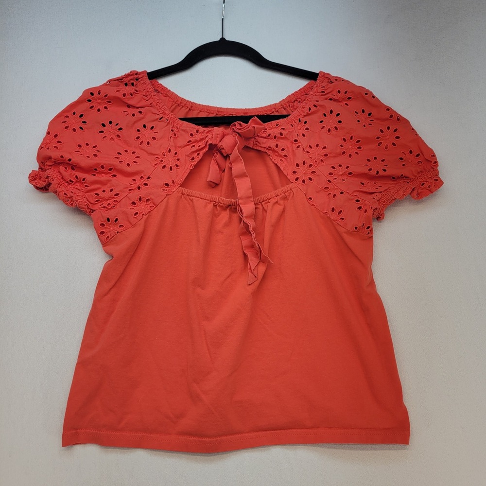 J.Crew Puff Sleeve Top Womens S Orange Floral Eyelet Tie Back Cutout Blouse